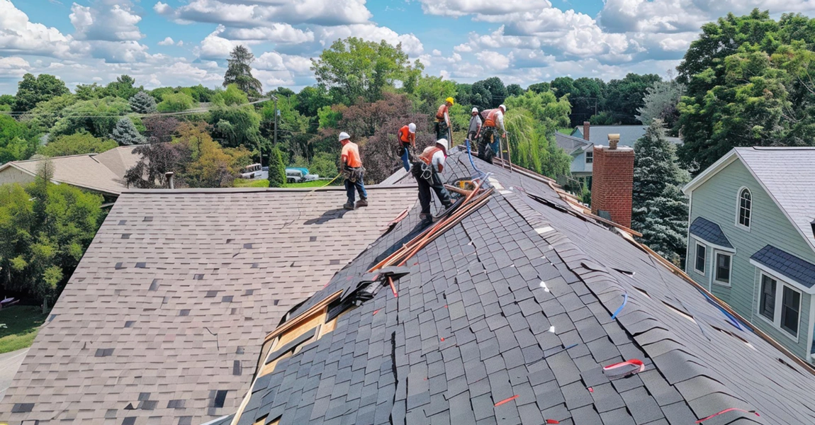 Roofing specialists installing a new architectural shingle roof on a modern Columbus home under sunny skies.